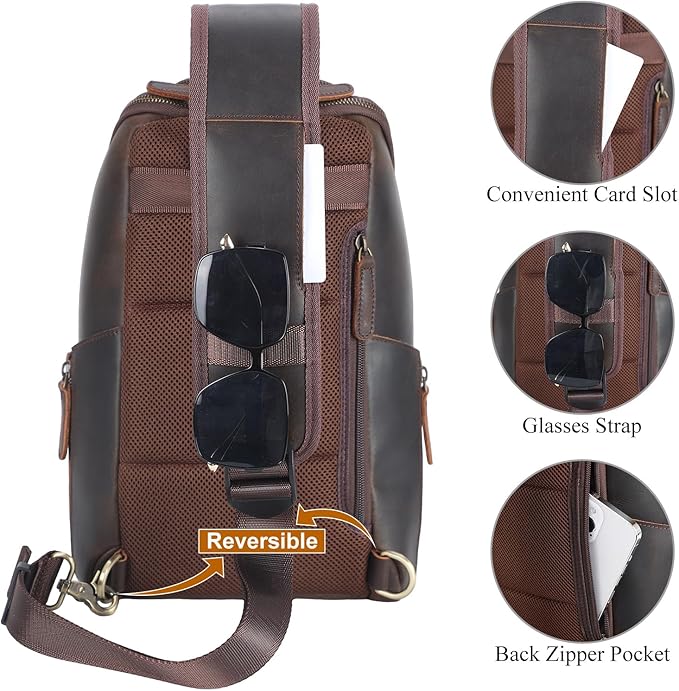 TIDING Genuine Leather Sling Bag Chest Pack for Men Casual Travel Shoulder Bag Sling Backpack fits 9.7" Tablet