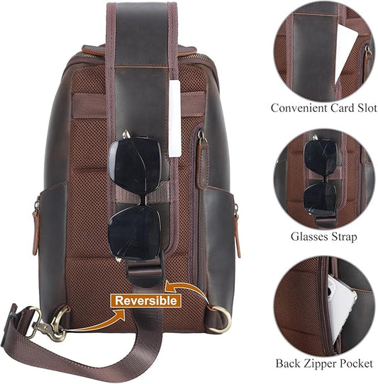 TIDING Genuine Leather Sling Bag Chest Pack for Men Casual Travel Shoulder Bag Sling Backpack fits 9.7" Tablet