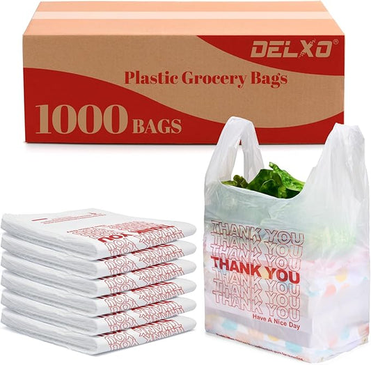 Delxo Grocery Bags Thank You Plastic T-Shirt Bag (1000 Count), White Supermarket Shopping Bags with Handles for Restaurant, Retail, To Go, Takeout, Convenience Stores 11.5 x 6.5 x 21 In