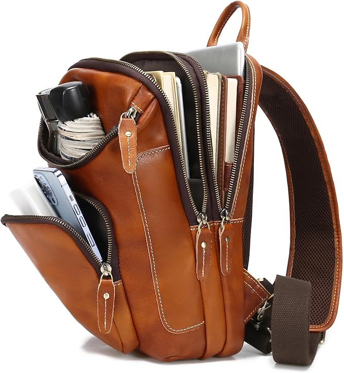 LANNSYNE Vintage Full Grain Leather Sling Bag Crossbody Chest Daypack
