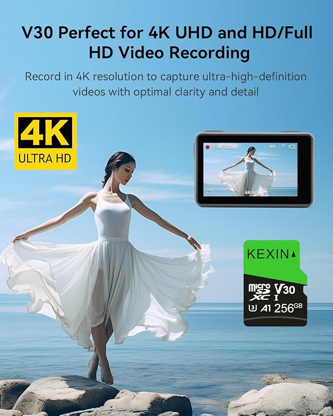 KEXIN 256GB Micro SD Card with SD Adapter microSDXC Memory Card UHS-I A1 V30 U3 Micro SD Card Full HD High Speed TF Card for Smartphone Tablet Action Camera Dash Cam Drone Game Console