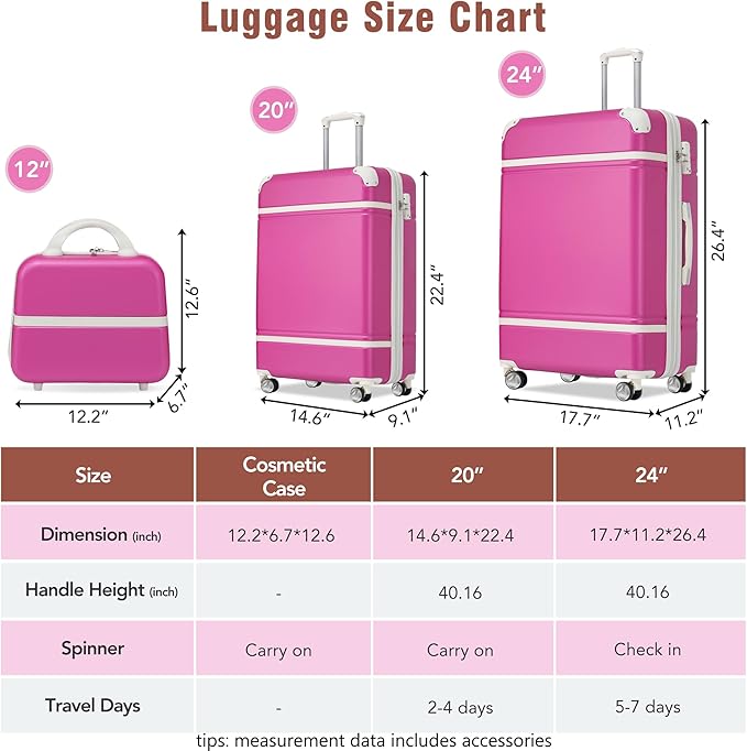 Merax Luggage Set 2 Piece Suitcase Set with Cosmetic Case Expandable Spinner Wheels Vintage Luggage Sets(Pink,20"+24")