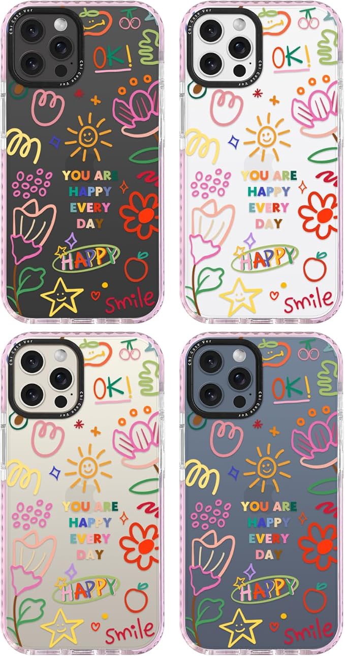 for iPhone 15 Pro Case, Doodle Happy Collage Pattern, Military-Grade Drop Protection, Cute Soft Slim TPU Protective Cover with Camera Lens Protection for Women & Girls