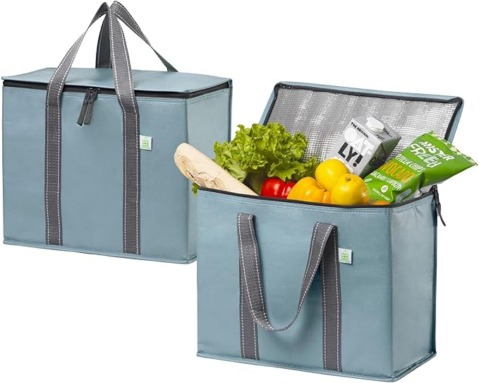 VENO 2 Pack Cooler Bag and Insulated Grocery Bags for Food Delivery, Collapsible Cooler. Reusable Shopping Bags for Groceries with Hard Bottom, Zippered, Foldable, Heavy-Duty (Light Blue, 2 Pack)