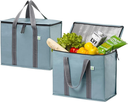 VENO 2 Pack Cooler Bag and Insulated Grocery Bags for Food Delivery, Collapsible Cooler. Reusable Shopping Bags for Groceries with Hard Bottom, Zippered, Foldable, Heavy-Duty (Light Blue, 2 Pack)