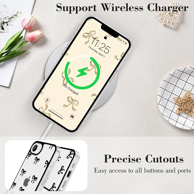 EYZUTAK Case for iPhone 16e, Clear Cute Ribbon Bowknot Pattern Aesthetic Transparent Phone Case Raised Camera Protection Stylish Slim Soft Durable TPU Protective Cover for Women Girls - Black