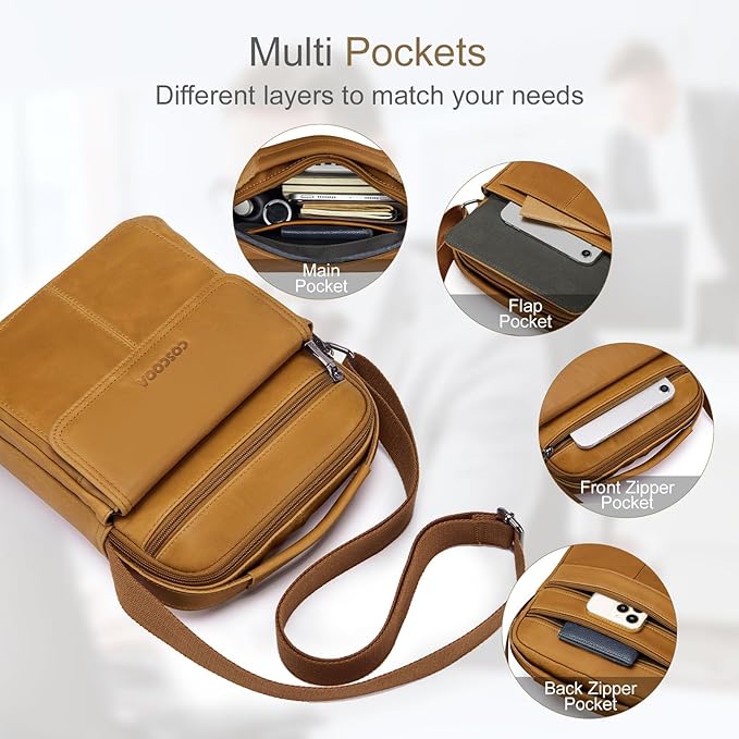 Men's Leather Crossbody Shoulder Bag - Messenger Satchel Travel Handbag