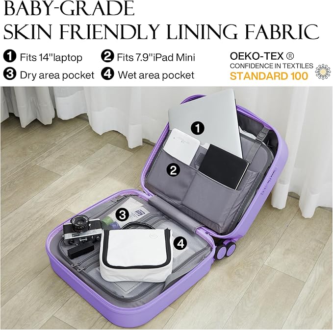 mixi Carry on Luggage, Suitcase with Spinner Wheels 16in Luggage Hardshell Lightweight Rolling Suitcases PC with Cover & TSA Lock, Lilac Purple