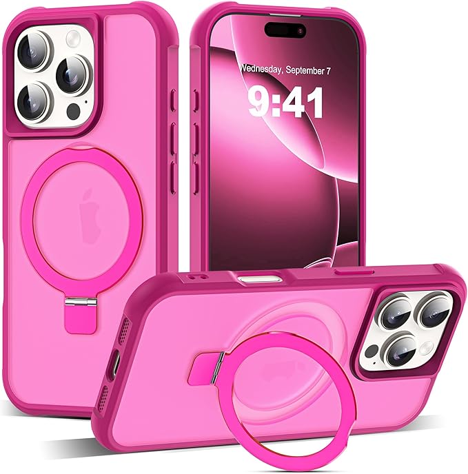 Compatible with iPhone 16 Pro Case with Invisible Magnetic O-Ring Stand Military-Grade Translucent Case for iPhone 16 Pro 6.3" [Compatible with Mag-Safe][Great Grip Feeling], Rose