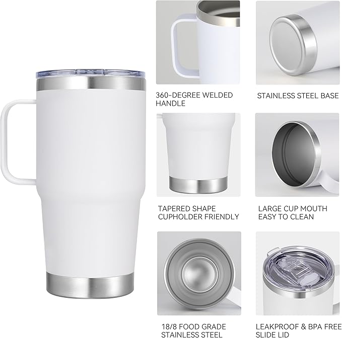 20 oz Stainless Steel Tumbler with Handle Bulk Metal Insulated Tumblers Travel Coffee Mug with Handle Double Wall Tumbler Cup with Lid and Straw, White 12 Pack