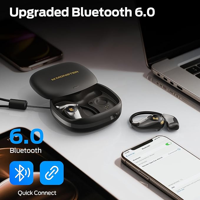 Monster Open Ear AC510 Earbuds, Bluetooth6.0 Wireless Earbuds, Stereo Sound Ear Buds with AI Intelligent Noise Reduction, Type-C Charging, Touch Control, 25H Playback, IPX5 Waterproof Earphones(Black)