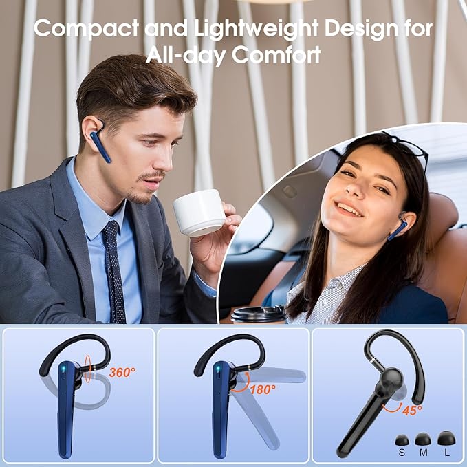 Bluetooth Headset V5.3, Wireless Earpiece with Dual ENC Noise Canceling Mic, 120H Hand-Free Talk Single-Ear Bluetooth Earpiece with LED Display, IP7 Waterproof Headphones for Trucker, Dark Blue