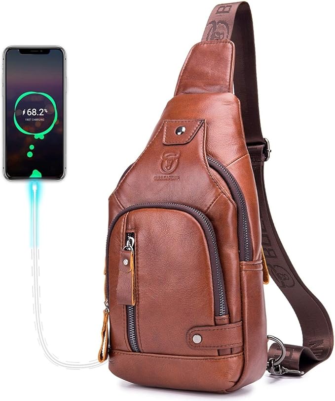 BULLCAPTAIN Genuine Leather Mens Sling Bag Multipurpose Travel Crossbody Chest Bag Daypacks with USB Charging Port (Brown)