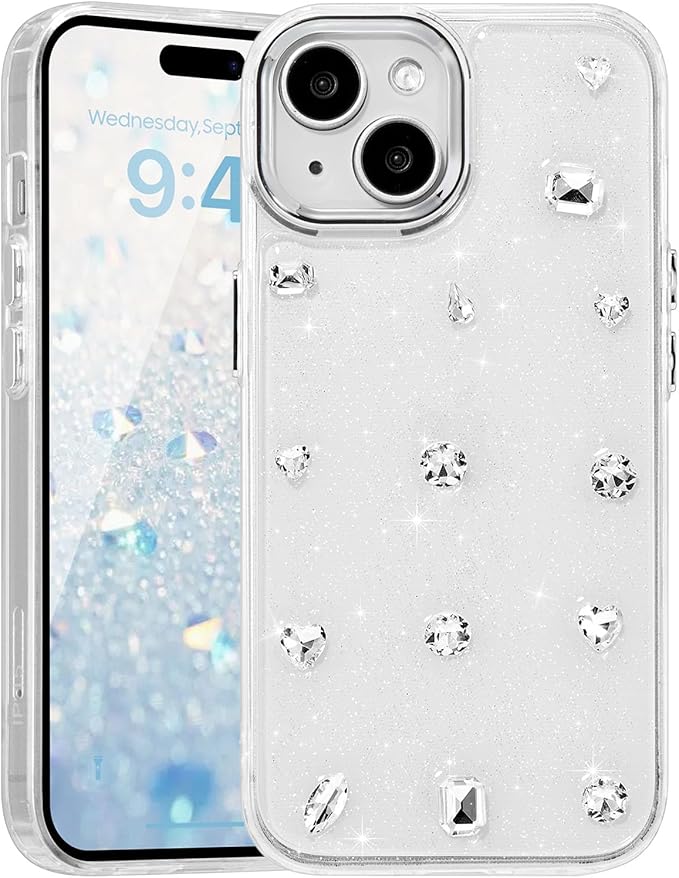 EYZUTAK Case for iPhone 13/iPhone 14, Bling Glitter 3D Diamond Phone Case Cute Sparkly Crystal Clear Aesthetic Design Case Slim Soft Durable TPU Transparent Protective Cover for Women Girls - Crystal