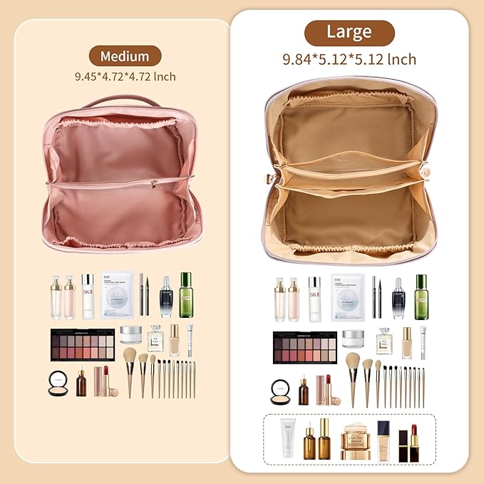 Travel Makeup Bag, Large Capacity Cosmetic Organizer Bags for Women, Waterproof PU Leather Toiletry Bags, Wide Open Flat Makeup Case with Divider and Handle