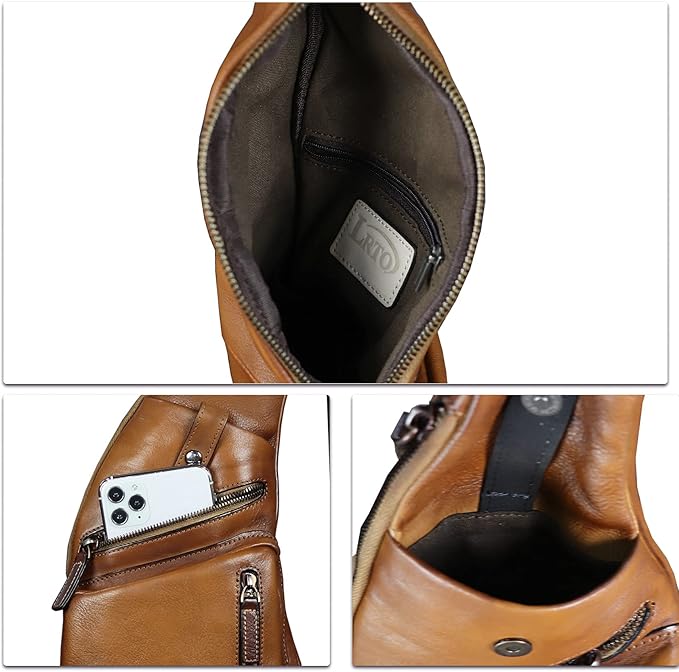 Genuine Leather Sling Bag for Men Vintage Handmade Crossbody Daypack Hiking Backpack Retro Crossbody Shoulder Bags (Brown)