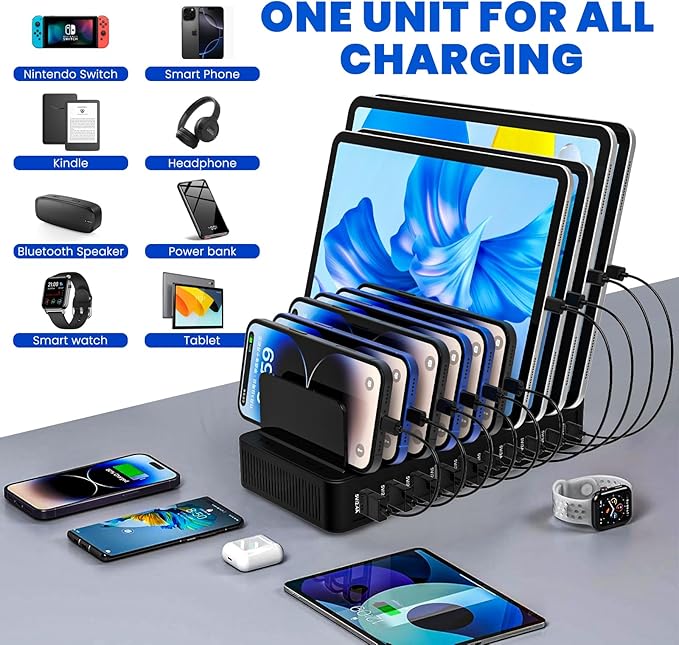 Charging Station for Multiple Devices, 100W 10 Ports Flat Plug Charging Dock with 10 Cables Smart IC Tech and Adjustable Dividers Type-C，Multi USB Charger for iPhone Galaxy iPad Tablet，Black