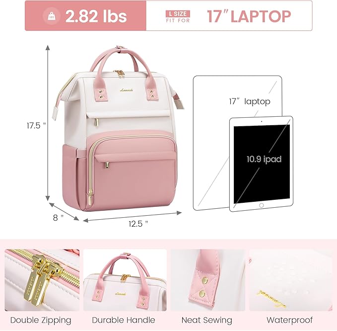 LOVEVOOK Leather Backpack for Women,17 inch Leather Laptop Backpack Women,Professional Work Backpack Nurse College Teacher Bag,Womens Laptop Tote Bag Computer Travel Backpack Purse,Beige White-Pink