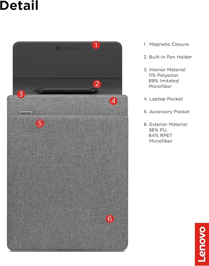 Lenovo Slim Laptop Sleeve 14 Inch Notebook/Tablet - Compatible with MacBook Air/Pro - Eco-Friendly Lightweight Case with Accessory Pocket & Magnetic Closure - Grey