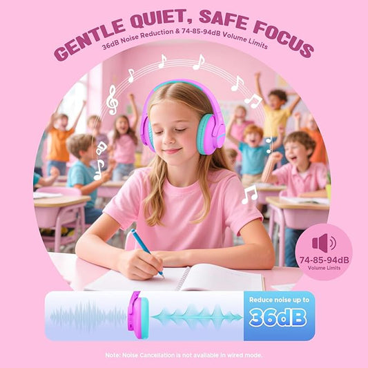 Nova1Lite Kids Wireless Active Noise Cancelling Headphones, Bluetooth 5.3, Safe Volume 74/85/94dB, Real 40H Battery, Type-C Fast Charging, Built-in Mic for School Travel Airplane, Purple