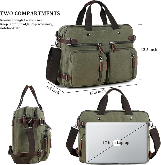 3 in 1 Convertible Laptop Backpack, 17.3 inch Messenger Bag for Men, Work Briefcase Travel Computer Bag for Men Women (Green, 17.3 Inch)