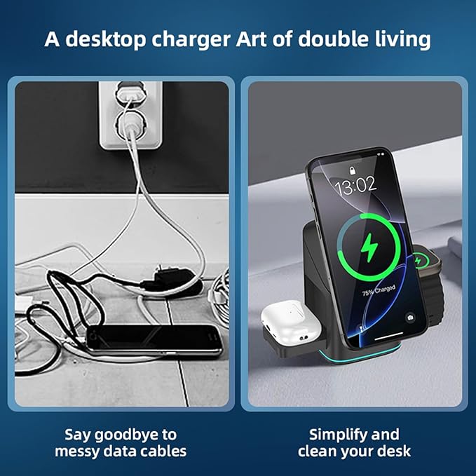 3-in-1 Qi2 Wireless Charger for iPhone/iWatch/AirPods | 15W Fast Charging with Auto-Align Magnetic Design | Smart LED Light & 180°Rotation | Premium Aluminum Alloy (Black)