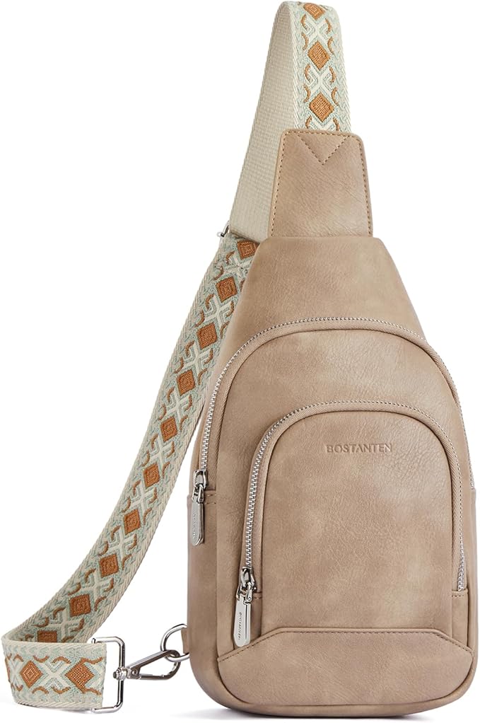BOSTANTEN Sling Bag for Women Leather Crossbody Bag Vintage Cross Body Purse for Travel with Guitar Strap, Bohemian Style