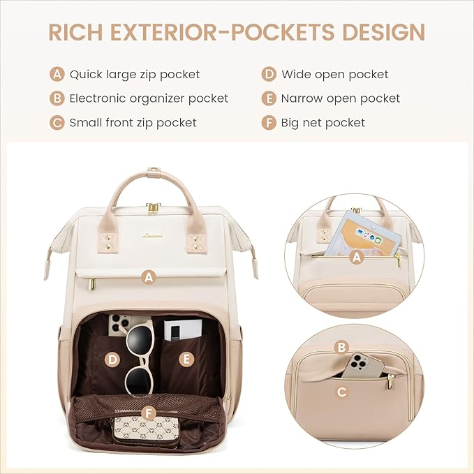 LOVEVOOK Leather Backpack for Women, 17 inch Laptop Backpack, Professional Work & Travel Bag, Beige-Flesh Beige