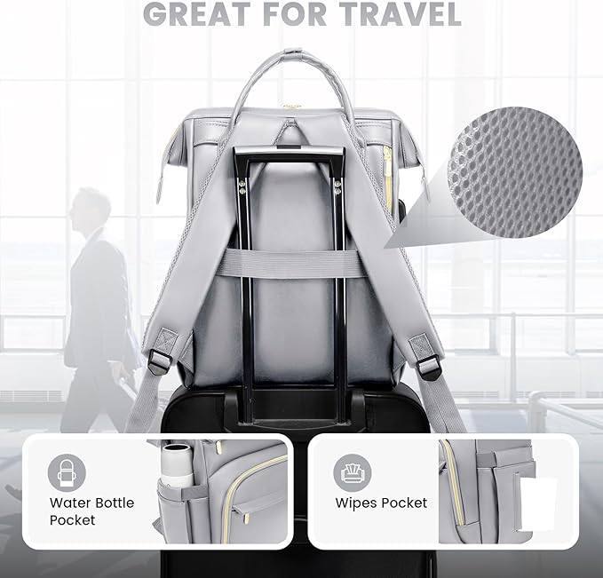 LOVEVOOK Leather Laptop Backpack for Women 15.6 inch,Travel Backpack Purse Nurse Teacher Backpack Computer Laptop Bag,Professional College Business Work Carry On Backpack with USB Port,Elephant Grey