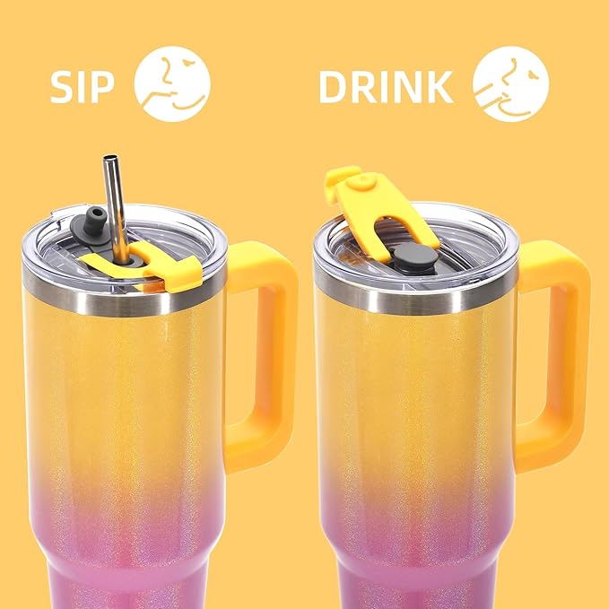 30 oz Shiny Tumbler with Handle and Straw,Stainless Steel Tumbler with Lid and Straw,Insulated Travel Mug(Cold for 34 Hours),Water Bottle for Iced Tea,Coffee (Yellow)