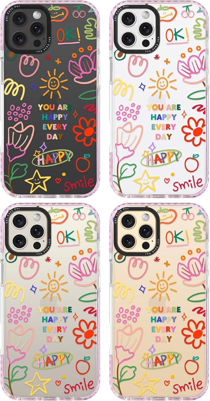 for iPhone 16 Pro Case, Doodle Happy Collage Pattern, Military-Grade Drop Protection, Cute Soft Slim TPU Protective Cover with Camera Lens Protection for Women & Girls