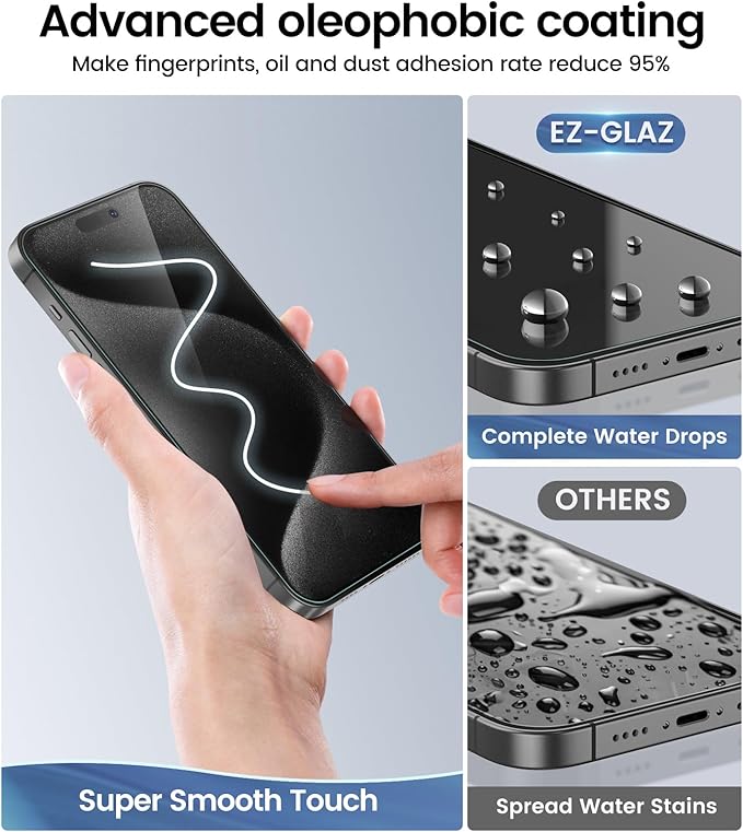 EZ-GLAZ-4 Pack iPhone 15 Pro Max Privacy Screen Protector(6.7'') With [2 Pcs Camera Lens Protector], Anti-Spy, 9H Hardness, Drop-Resistant, Case Friendly, Anti-Scratch & EZ-To-Install Tempered Glass