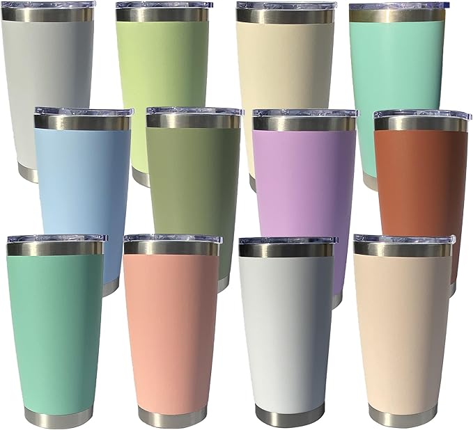 20oz insulted tumblers stainless steel cup Tumbler Bulk with push Lid, and metal straw powder coated coffee cup for cold and hot drinking (12, Assorted color)