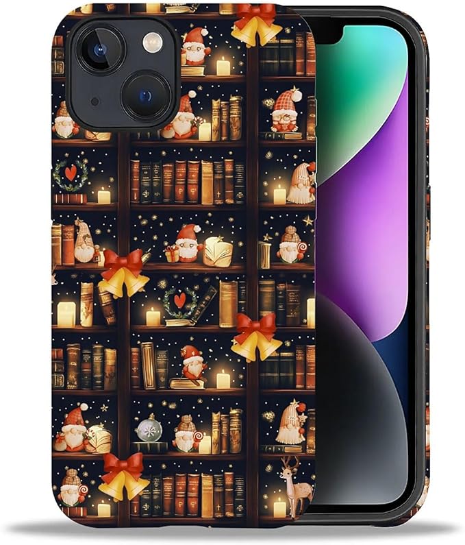 DAIZAG Case Compatible with for iPhone 14,Christmas Santa Claus Bookshelf Bells Phone Case for iPhone 14 for Girl Women Boy Men