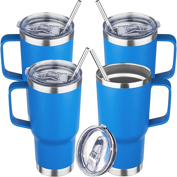 20 oz Tumbler with Handle Stainless Steel Insulated Coffee Mug Tumbler with Lid and Straw Double Wall Vacuum Insulated Coffee Mug Leak Proof Travel Mug Tumbler for Hot and Cold Drink (Sea Blue,4pack)
