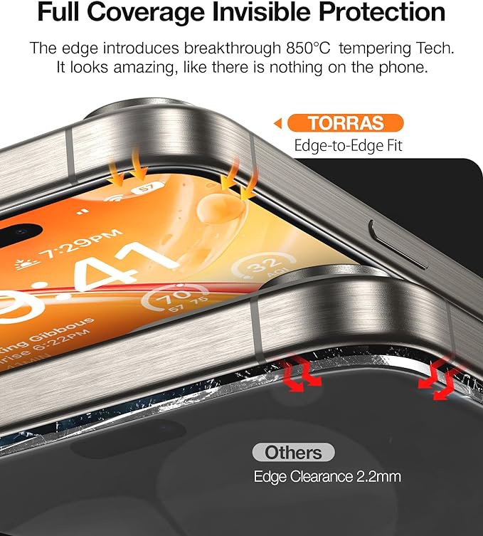 TORRAS Military-Grade Screen Protector for iPhone 15 Pro Max [9H+ Aerospace Tempered Glass＆12FT Shatterproof ] One-Step Installation Full Coverage Fit Bubble Free Top-Notch Protection, 2 Pack