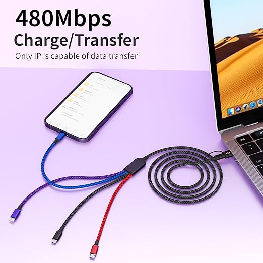 Travel 4 in 2 Multi Charging Cable with Dual IP, Tinned Copper Multi Phone Chargers for All Devices with IP/IP/Type C/Micro Port, Compatible with Most Cell Phones/Tablets and More (1Pack, 5FT)