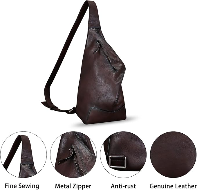 Genuine Leather Sling Bag for Men and Women Vintage Full Grain Leather Sling Purse Chest Daypack Over Shoulder Crossbody Bag (Coffee)