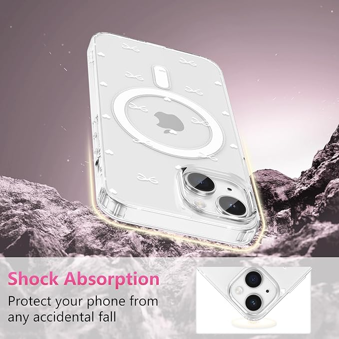 ZTOFERA for iPhone 14 Plus/15 Plus Magnetic Case Clear,Cute Love Heart Ribbon Bow Tie Aesthetic Phone Case,Transparent Trendy Slim Soft Shockproof Protective Phone Cover for Women Girls,White