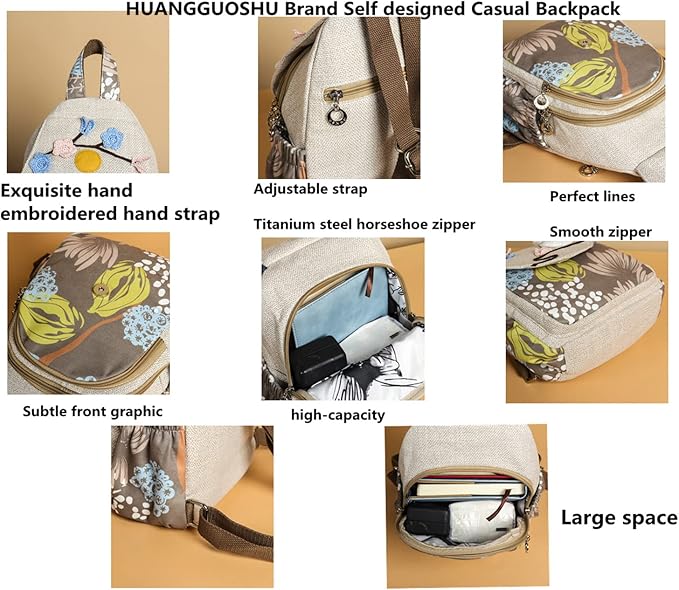 HUANGGUOSHU Women Cotton Woven Bohemian Hemp Boho Canvas Embroidery Multi Pocket Retro Cute Backpack Wallet Backpack White rabbit