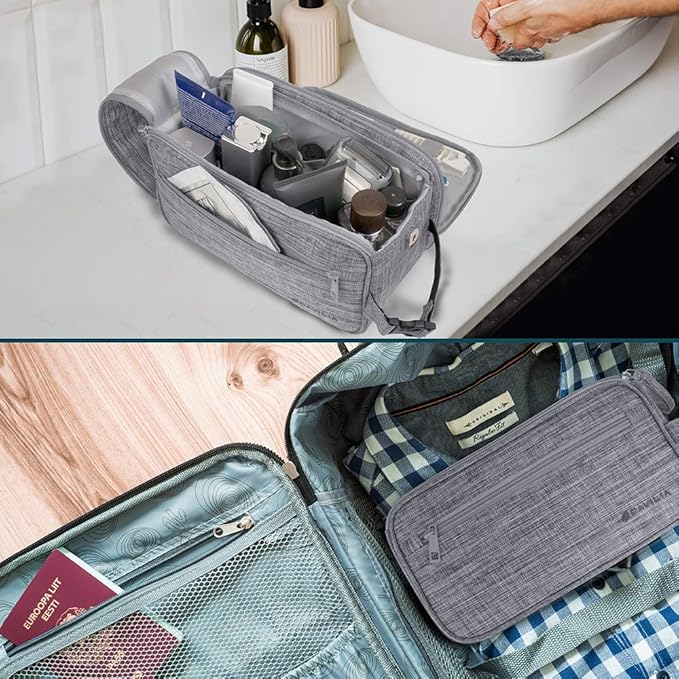 PAVILIA Toiletry Bag for Men, Travel Essentials Shaving Dopp Kit, Mens Travel Bag Toiletries Organizer Case for Grooming, PU Leather Water Resistant Cosmetic Bag Pouch (Heather Grey)