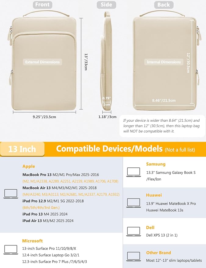 HYZUO 13 Inch Laptop Bag Sleeve for MacBook Air 13 M4 M3 M2 M1 2025-2018, MacBook Pro 13 M2 M1 2025-2016, 13" iPad Pro/Air, Surface Pro, XPS 13, Protective Case for 12"-13" Tablet, Sand