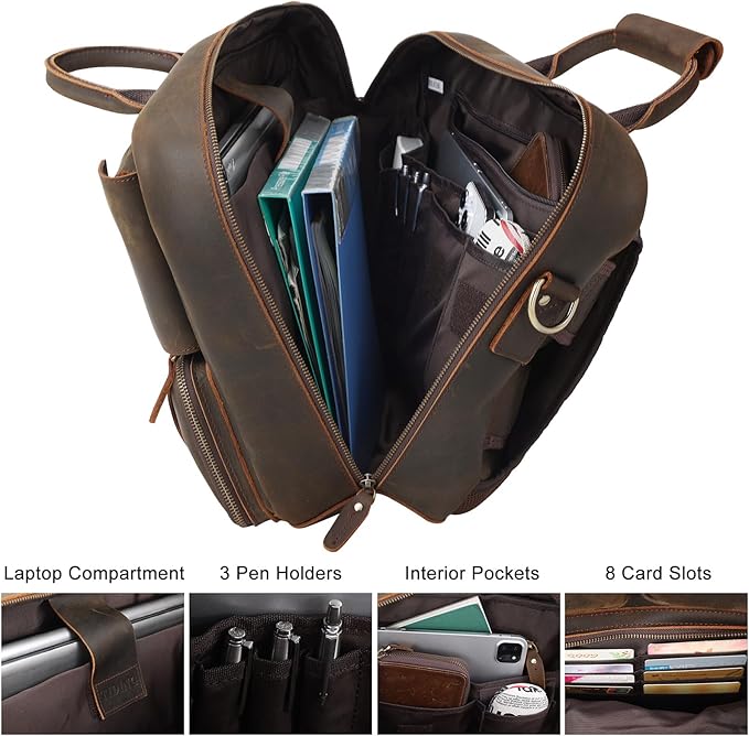 TIDING Men's Leather Convertible Backpack 15.6 Inch Laptop Briefcase Messenger Bag Work Business Travel Rucksack