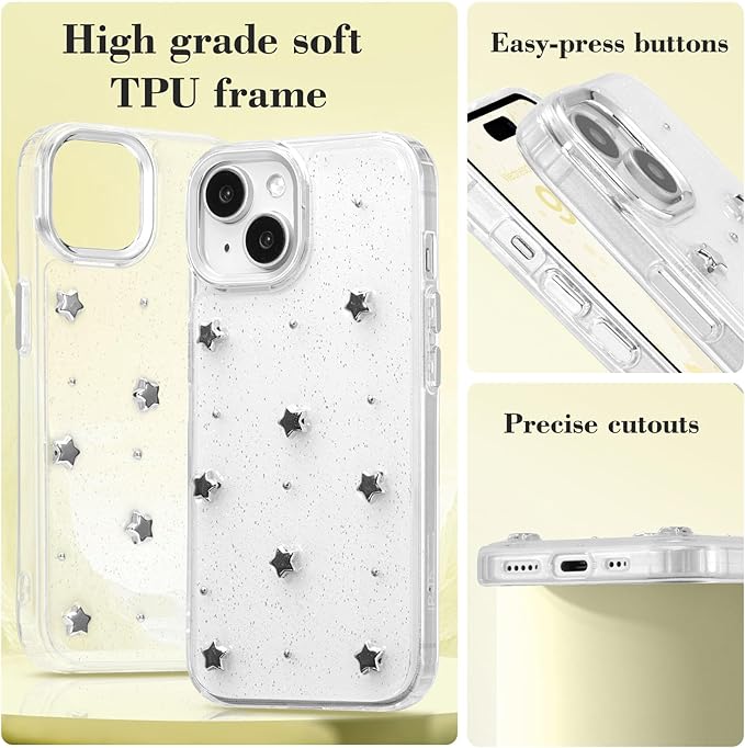 EYZUTAK Case for iPhone 14 Plus, Bling Glitter 3D Stars Phone Case Cute Sparkly Crystal Clear Star Aesthetic Design Case Slim Soft Durable TPU Transparent Protective Cover for Women Girls - Star