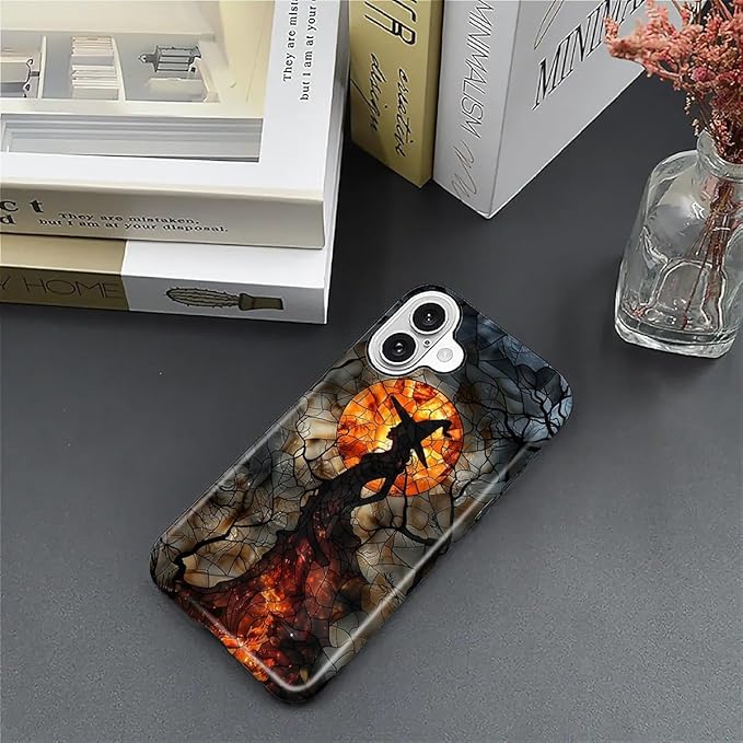 Case for iPhone 16 Case,Halloween Witch Moon Stained Glass Design - Hybrid Dual Protection Silicone + Hard PC Shockproof Full Body Cover Slim Anti-Scratch Protective Case for Men Women