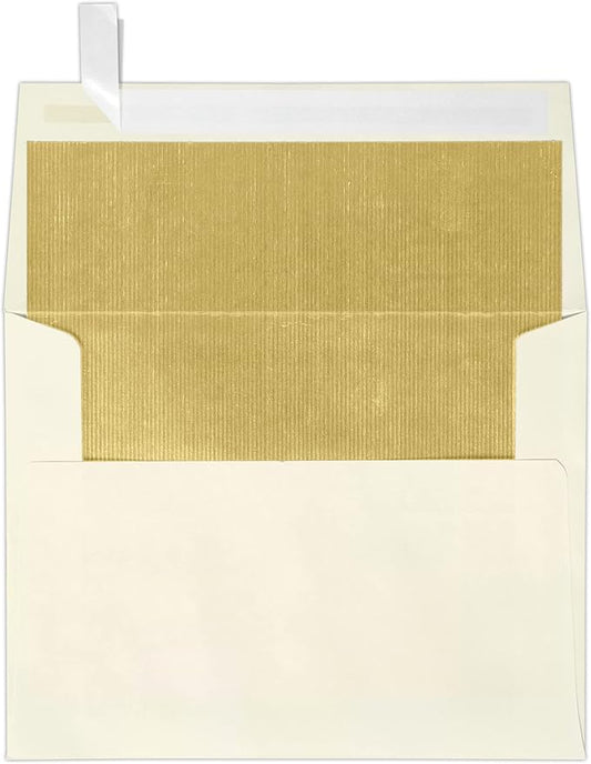LUXPaper A2 Foil Lined Invitation Envelopes | Peel & Press | 4 3/8" x 5 3/4" | Natural w/Gold LUX Lining | 70lb. Text | 50 Qty