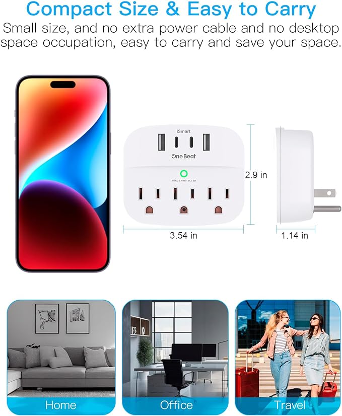 1 Pack Multi Plug Outlet Splitter with USB, Surge Protector Outlet Extender with 3 Wall Outlets 4 USB Wall Charger(2 USB C), 490 Joules, ETL Listed, Small Outlet Adapter Plug Extender for Travel,White