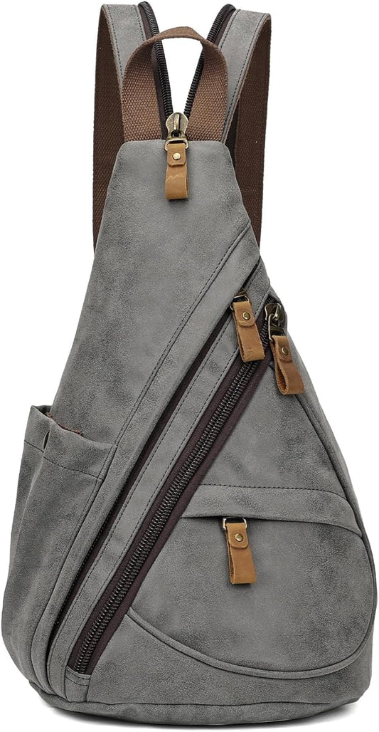 KL928 PU Leather Sling Bag - Small Crossbody Backpack Shoulder Casual Daypack Rucksack for Men Women Outdoor Cycling Hiking Travel (6881-PU-D.Grey)