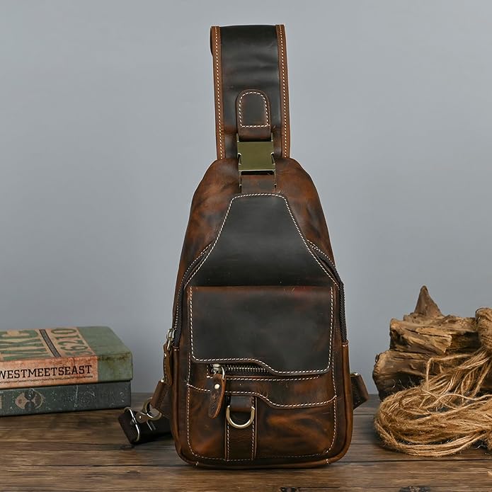 Genuine Leather Hiking Travel DayPack Sling Crossbody Triangle Chest Pack Bag For Men Women 8241