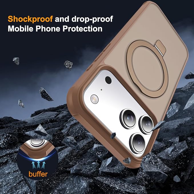 Compatible with iPhone 17 Pro Max Case with Invisible Magnetic O-Ring Stand Military-Grade Translucent Case for iPhone 17 ProMax 6.9" [Compatible with Mag-Safe][Great Grip Feeling],Desert Brown